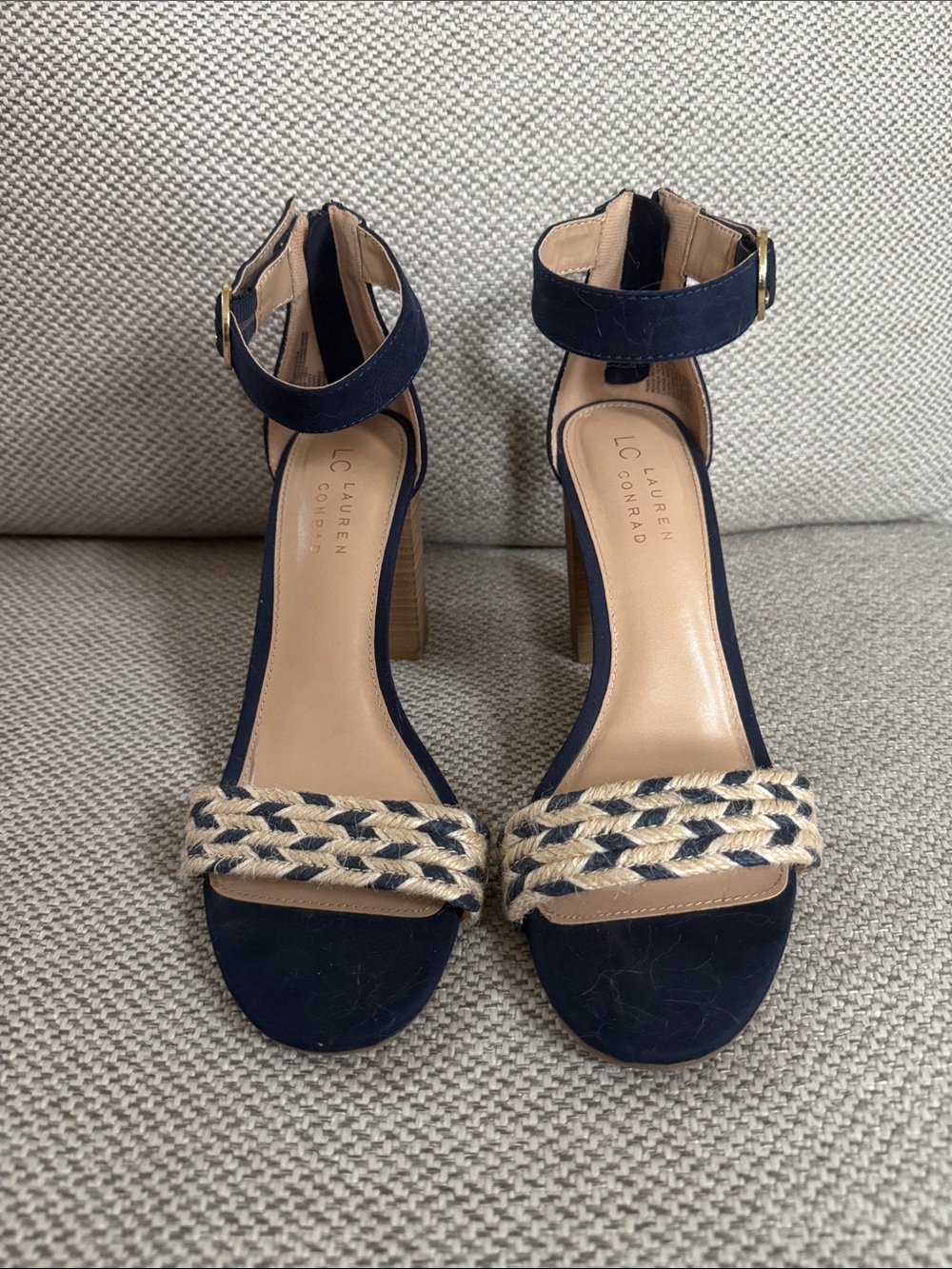 LC Lauren Conrad Navy Suede Braided Rope Ankle-Strap Block Heels